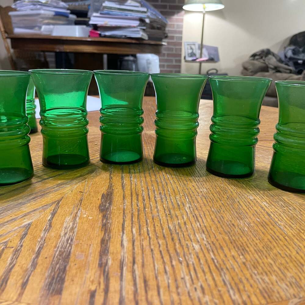 6 Vintage Anchor Hocking Banded Ribbed Emerald Forest Green Glasses
